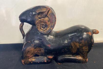 Hand-Carved Wooden Ram Statue &ndash; Folk Art Primitive Style, Black Paint, Vintage Wear ( SP1 )