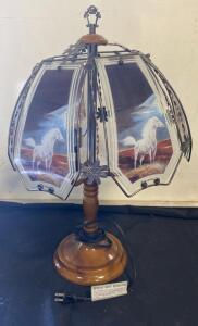 Vintage Table Lamp with Horse Artwork Glass Panels and Wooden Base Powers On - ( R8 )