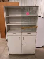 White Metal Medical Storage Cabinet, Sliding Glass Doors, 3 Shelves, 2 Drawers, 2 Door Base, 72"x48"x18"