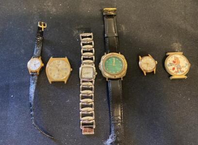 Vintage Watch Lot: Timex, Pulsar Day-Date, Lanco, Spiro Agnew Novelty, Assorted Styles, 6pcs