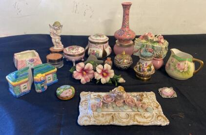 Vintage Porcelain & Ceramic Collectibles Lot&mdash;Cherubs, Floral Trinket Boxes, Vase, Shakers, Creamer