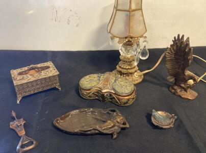 Vintage Decorative Metalware Lot&mdash;Ornate Crystal Lamp, Peacock Box, Eagle Figurine, Art Nouveau Tray