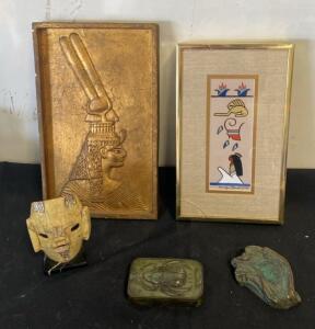 Egyptian-Inspired Decorative Collection: Gilt Plaque, Scarab Box, Mask, Framed Art, Relief Sculpture