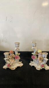 Vintage 1950s Japanese Porcelain Cherub Candle Holders with Gold Accents