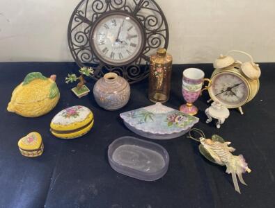 Vintage Decorative Collectibles Lot: Wall & Table Clocks, Limoges-Style Boxes, Porcelain, Glass, 12 Pieces