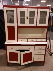 Antique 1920s Hoosier Cabinet with Flour Bin, Glass Doors, and Enamel Countertop