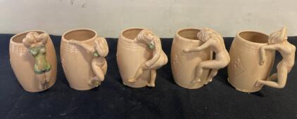 Vintage 1950s Japanese Ceramic Barrel Mugs with Nude Female Handles, Set of 5