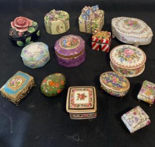 Lot of Assorted Porcelain Trinket Boxes &ndash; Hinged, Floral, Gift Shapes, Hand-Painted, 14pc