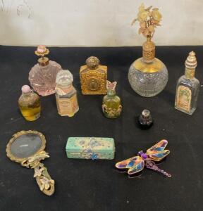 Vintage Vanity Collection: Perfume Bottles (California Perfume Co.), Enamel Mirror, Box, Dragonfly