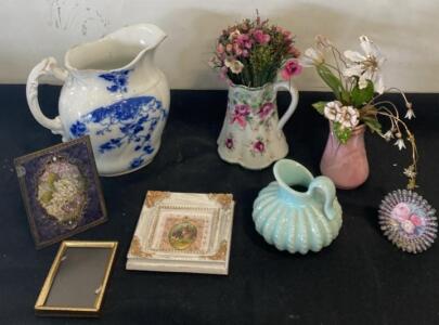 Antique Victorian-style Ceramic Pitchers & Vases Lot with Ornate Frames and Floral Decor