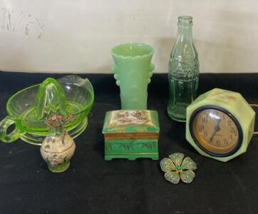 Vintage Green Depression Glassware, Jadeite Vase, Coca-Cola Bottle & Art Deco Clock Lot