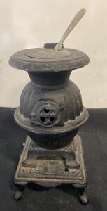Antique Cast Iron Pot Belly Stove Match Holder with Spoon, Vented Door, c.1890&ndash;1920, 7-Inch