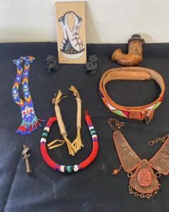 Native American-Inspired Beaded Jewelry, Leather Belt, Pipe, Bears & Artisan Plaque Lot