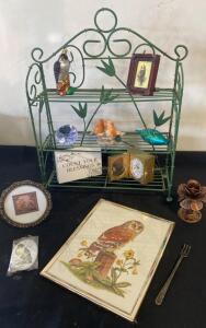 Assorted Bird-Themed Decor Lot: Metal Shelf, Figurines, Frames, Art Print, Clock, Crystal Gem