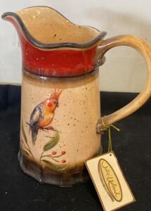 Julie Ueland Ceramic Pitcher &ndash; Hand-Painted Bird Motif, 1.5 Quarts, 8" Tall