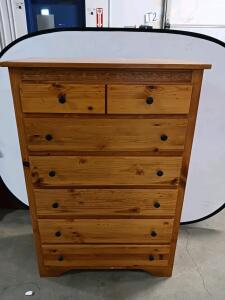 Solid Pine 6-Drawer Tall Dresser with Carved Trim and Black Knobs