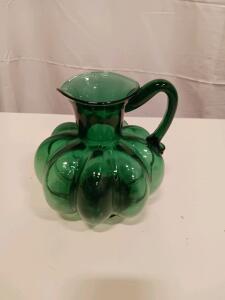 Emerald Green Ribbed Handblown Glass Pitcher, Pumpkin-Shape, Empoli Style, 7" Mid-Century