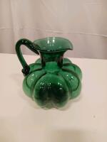 Emerald Green Ribbed Handblown Glass Pitcher, Pumpkin-Shape, Empoli Style, 7" Mid-Century - 4