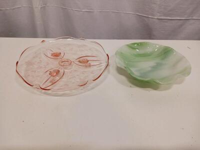 Vintage Pink Depression Glass 3-Section Plate & Green Swirl Art Glass Centerpiece Bowl, 10.5-11.5"