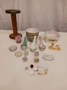 Corning Ware Spice of Life Casserole, Vintage Asian Bowls, Glass, Crystal, & Wooden Spool Lot