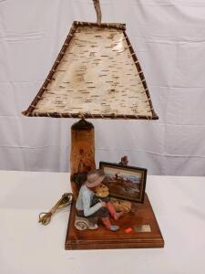 Rustic Western Table Lamp &ndash; C. M. Russell Cowboy Artist Scene, Birch Bark Shade, Wood Base, 27&rdquo;