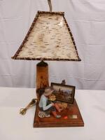 Rustic Western Table Lamp &ndash; C. M. Russell Cowboy Artist Scene, Birch Bark Shade, Wood Base, 27&rdquo;