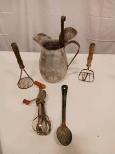 Antique Kitchen Utensil Lot &ndash; 6-Piece Metal & Wood &ndash; Includes Pitcher, Mashers, Whisk, Ladle, Spoon