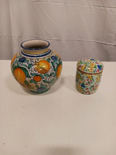 Hand-Painted Ceramic Fruit Vase 9" and Floral Porcelain Trinket Box 4.5" w/ Gold Trim