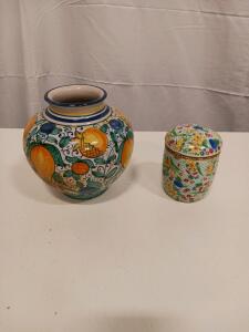 Hand-Painted Ceramic Fruit Vase 9" and Floral Porcelain Trinket Box 4.5" w/ Gold Trim