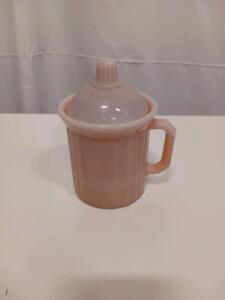 Vintage Pink Depression Glass Baby Training Cup with Handle and Lid, 1930s-1950s