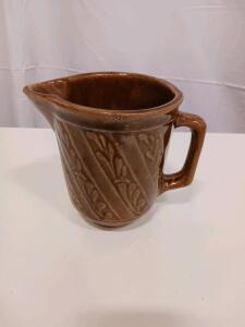 Vintage Brown Glazed Ceramic Mixing/Batter Pitcher with Embossed Leaf Pattern
