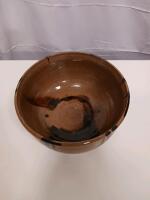 Handmade Stoneware Bowl, Brown with Black Swirl Glaze, 8-10 in Diameter, Artisan Signed - 2
