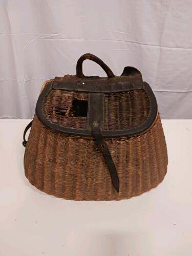 Antique Large Woven Fishing Creel Basket with Leather Straps and Hinged Lid, Circa Early 1900s