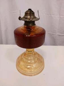 Antique Amber Glass Oil Lamp with Embossed Base and Metal Burner