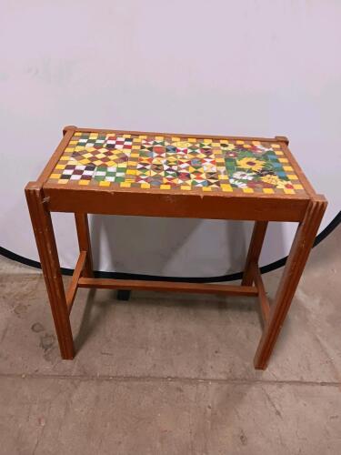 Handcrafted Mosaic Tile Top Side Table/Bench &ndash; Wood Frame, Geometric & Floral Design, Approx 24"x12"x18"
