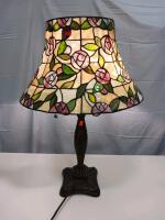 Tiffany-Style Table Lamp, 22" Stained Glass Shade, Floral Rose Design, Dual Pull-Chain, Bronze Base