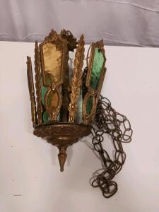 Vintage Hanging Stained Glass Lantern &ndash; Ornate Brass Frame, Amber/Green/Blue Panels, 1950s-1970s