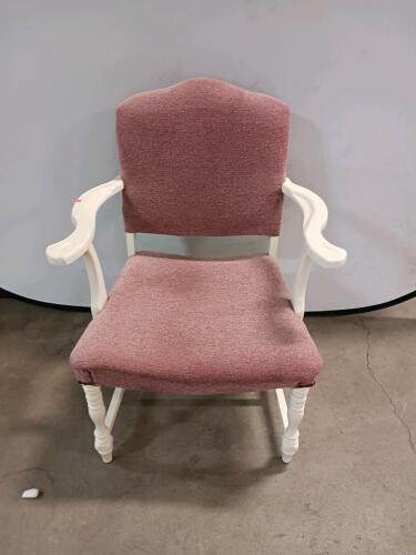 Traditional Mauve Upholstered Armchair with White Wood Frame and Scrolled Arms, 39"x26"x24"