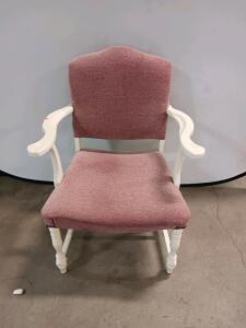 Traditional Mauve Upholstered Armchair with White Wood Frame and Scrolled Arms, 39"x26"x24"