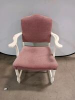 Traditional Mauve Upholstered Armchair with White Wood Frame and Scrolled Arms, 39"x26"x24"