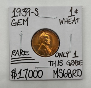 1939-S MS68RD Rare Gem WHeat Copper Penny