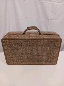 Vintage Skyway Style Tweed Suitcase &ndash; Brown Woven Hard-Sided Luggage, 24" x 16" x 7", 1960s-70s Era