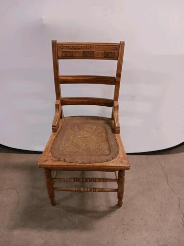 Antique Pressed-Back Oak Side Chair with Tooled Leather Seat and Armrests