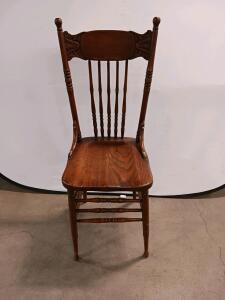 Antique Pressed Back Oak Dining Chair with Turned Spindle Back and Carved Crest Rail