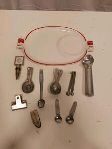 Vintage Campbell&rsquo;s Soup Tray + Mixed Metal Kitchen Utensil Lot &ndash; Spoons, Scoop, Stopper
