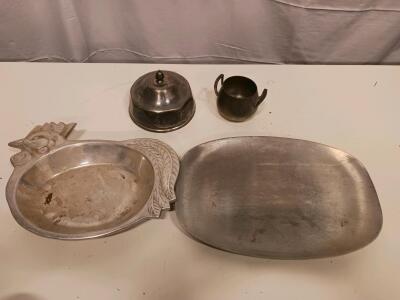 Vintage Pewter Serveware Set &ndash; Covered Dish, Creamer, Tray, Chicken Motif Dish