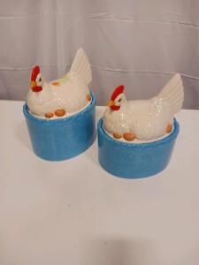 Vintage Ceramic Hen on Nest Covered Blue Casserole Dishes, Set of 2, White with Red Details