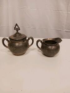 Antique Silver-Plated Sugar Bowl & Creamer Set, Ornate Engraved Rococo Design, Early 20th Century