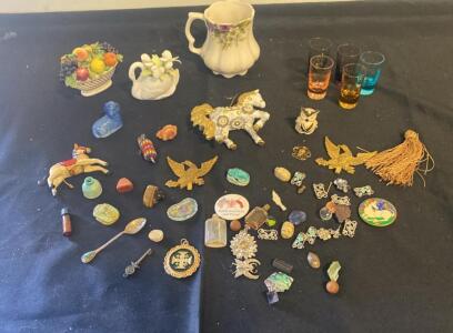 Vintage Mixed Collectibles Lot &mdash; Porcelain Decor, Etched Glasses, Pins, Miniatures, 35+ Pieces ( SP1 )
