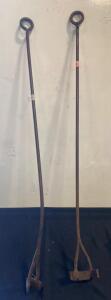 Antique Blacksmith Foundry Tongs, 32-38" Length, Forged Steel, V-A Shaped Jaws (R8 )
